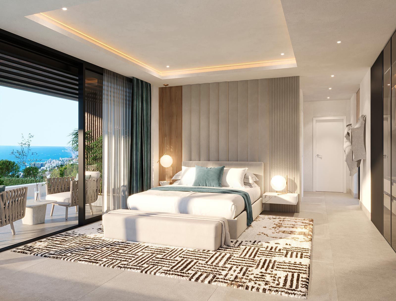 Chambre de luxe avec vue sur l'océan et décor moderne.
