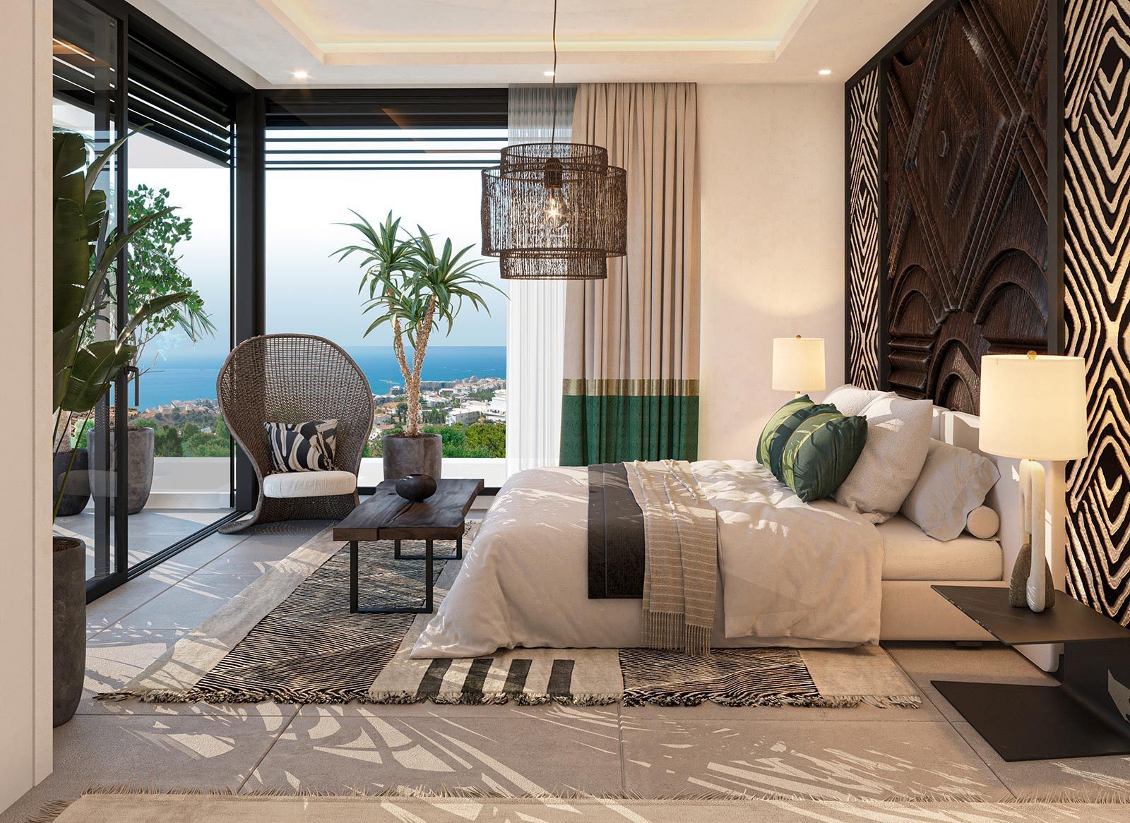 Chambre moderne avec vue sur l'océan et éléments de design luxueux.