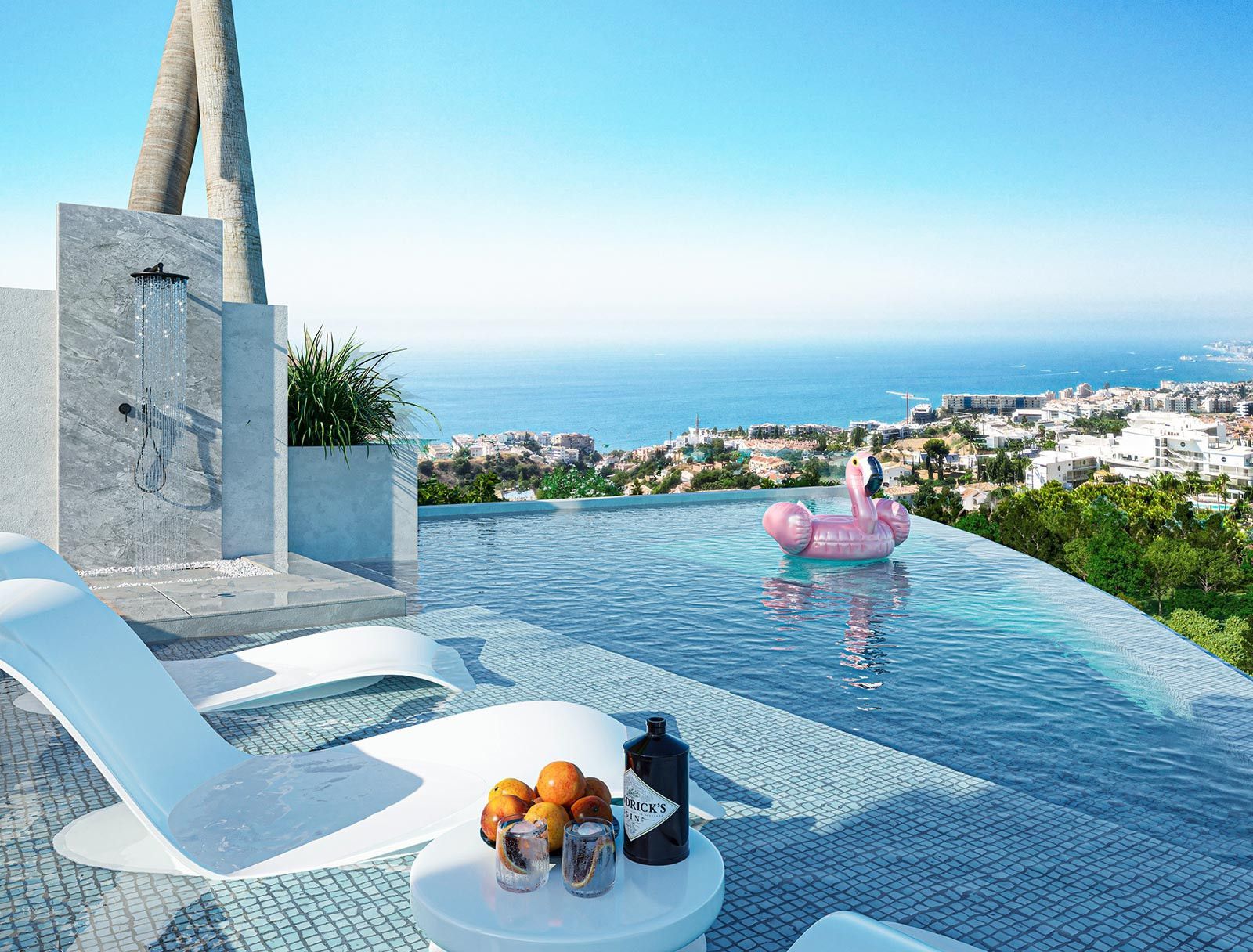 Piscine de luxe avec vue sur la mer, bouée flamant rose et chaises longues