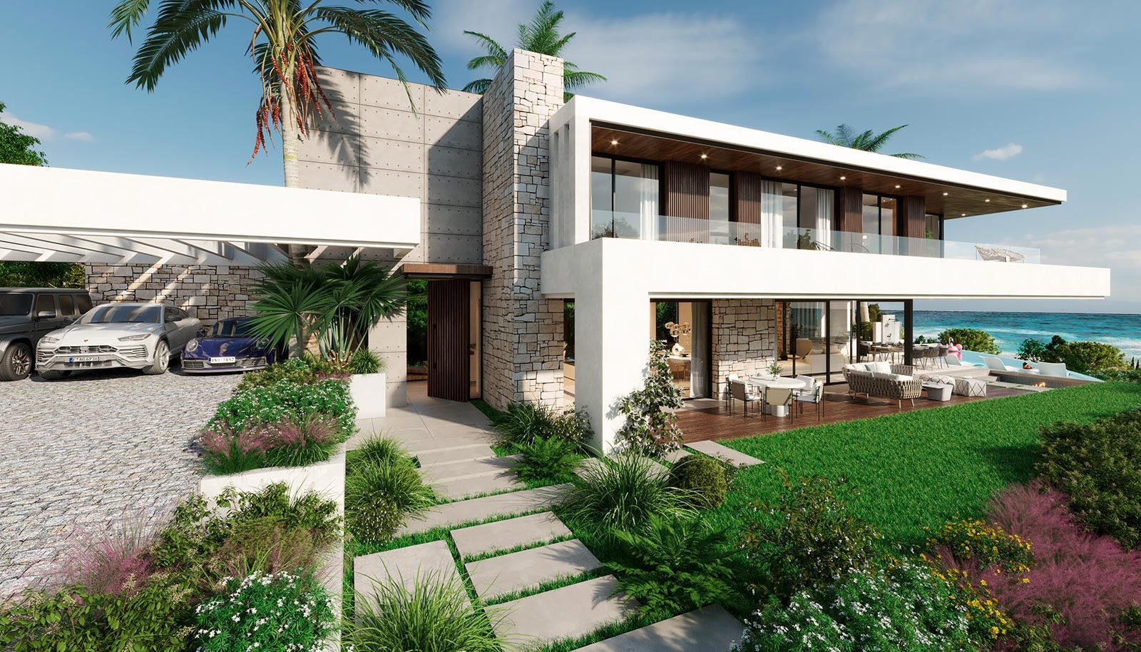 Vue extérieure d'une maison de luxe moderne avec vue sur l'océan.