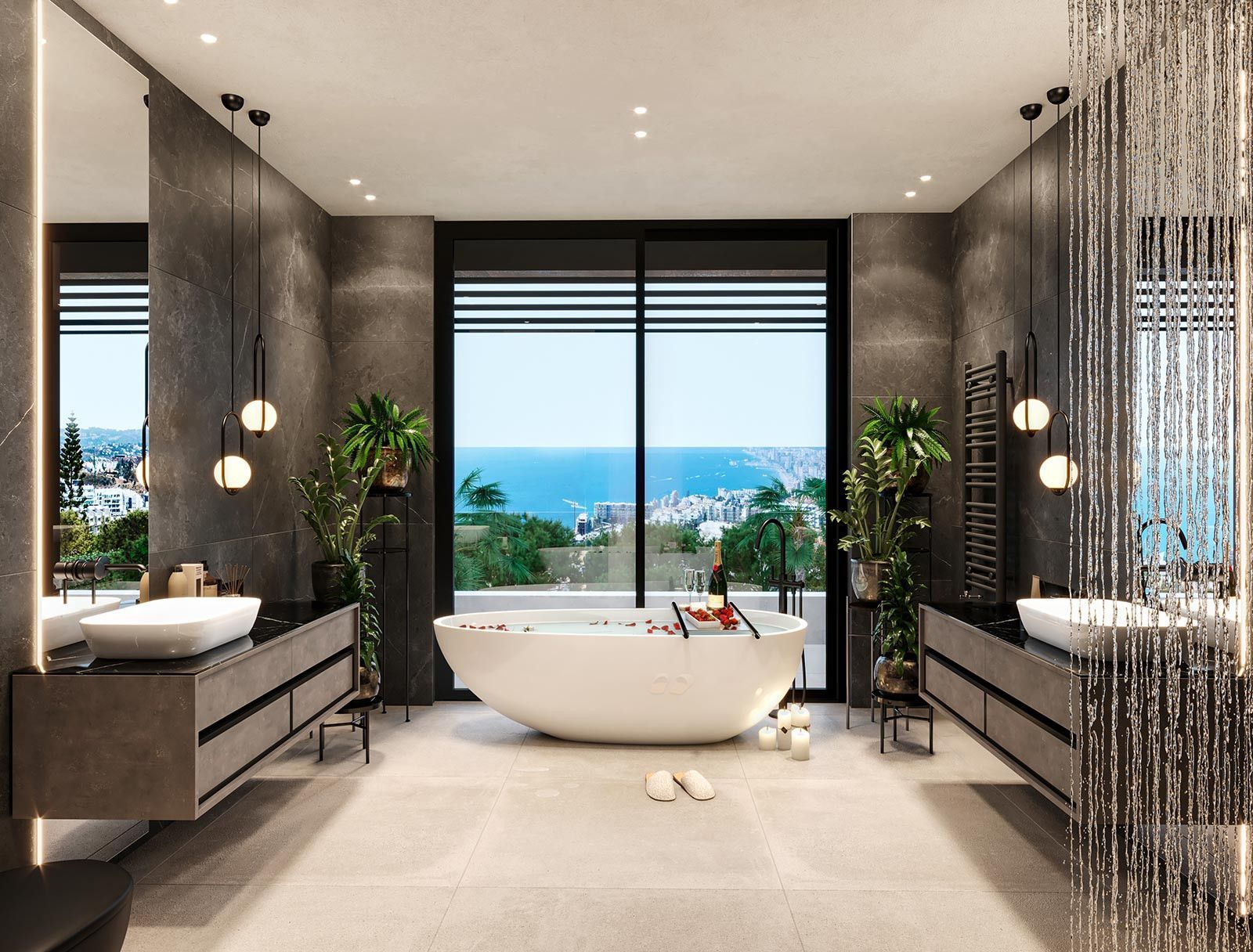 Salle de bain luxueuse avec vue sur l'océan, baignoire îlot et décor moderne.